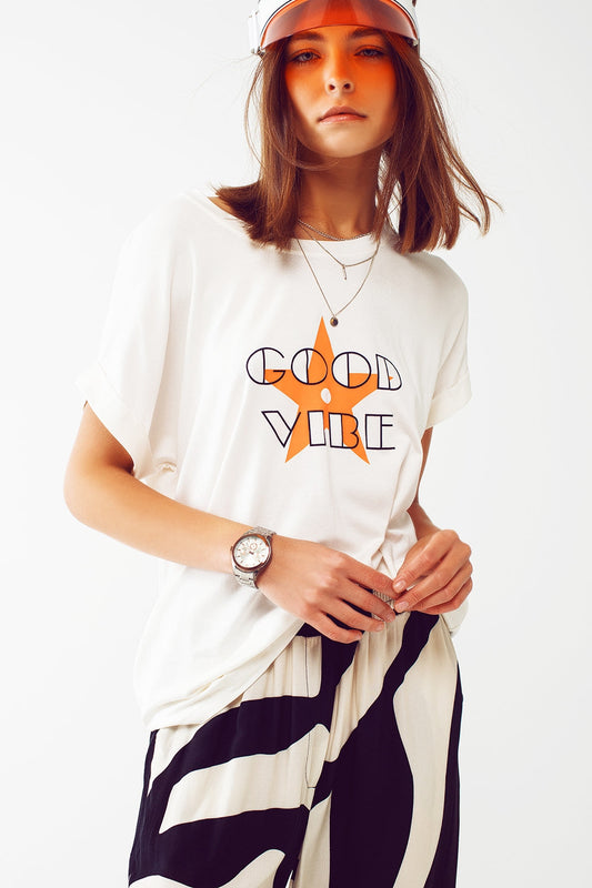 Boat Neckline Relaxed Fit T-Shirt Orange Good Vibe Logo