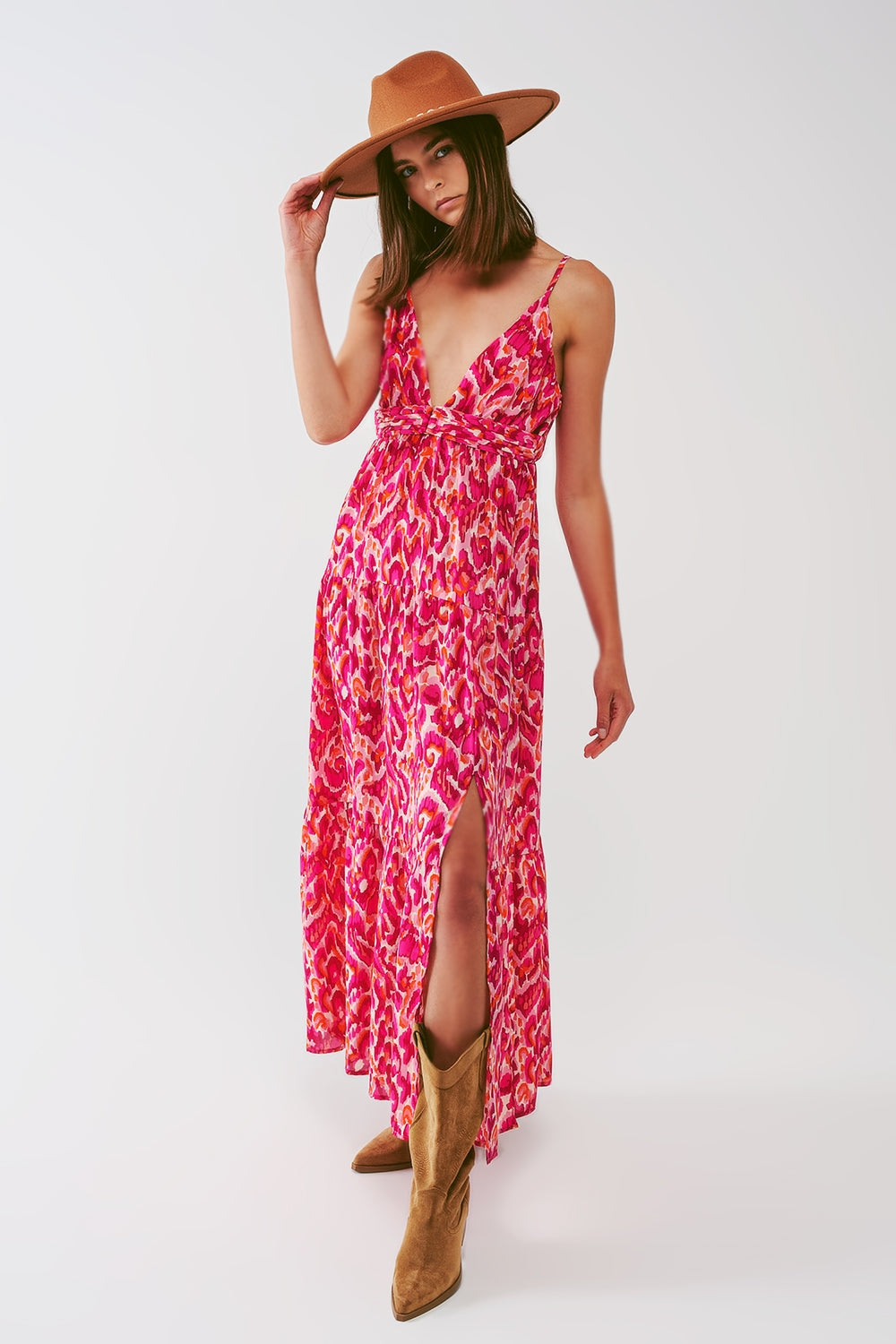 Floral Print Maxi Dress With v Neck in Pink