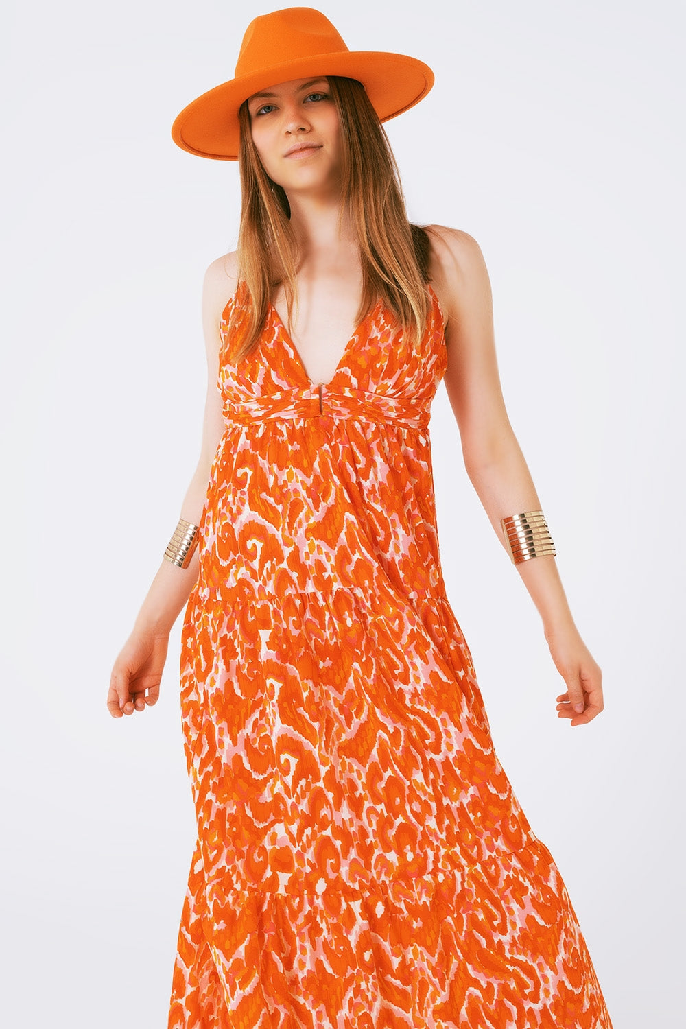 Floral Print Maxi Dress With v Neck in Orange