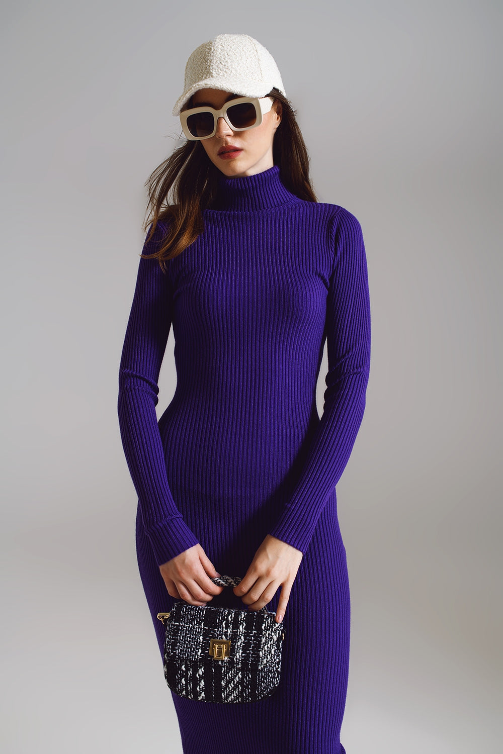 Midi Bodycon Knitted Dress With Turtle Neck in Purple