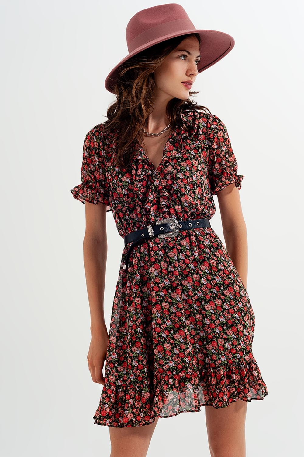 Chiffon Dress With Keyhole Back in Black Floral