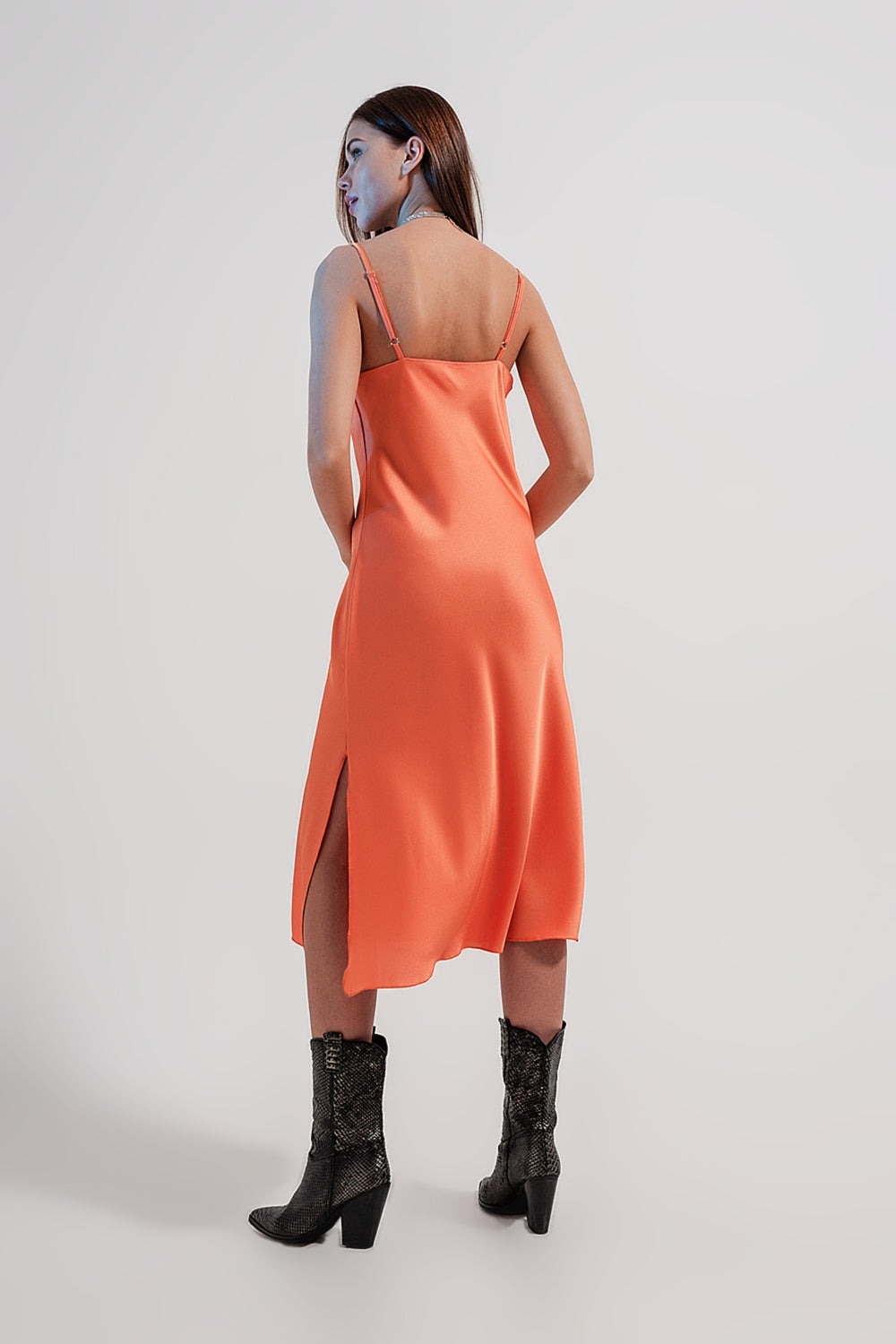 Cami Midi Slip Dress in High Shine Satin in Orange