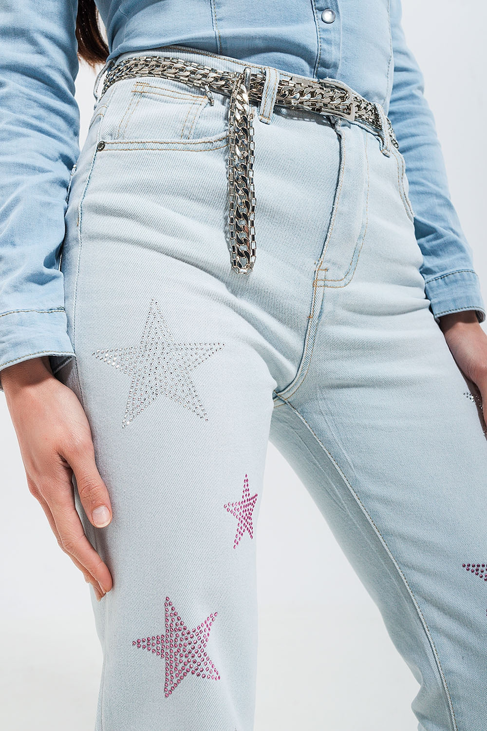 Straight Leg Jeans With Rhinestone Details