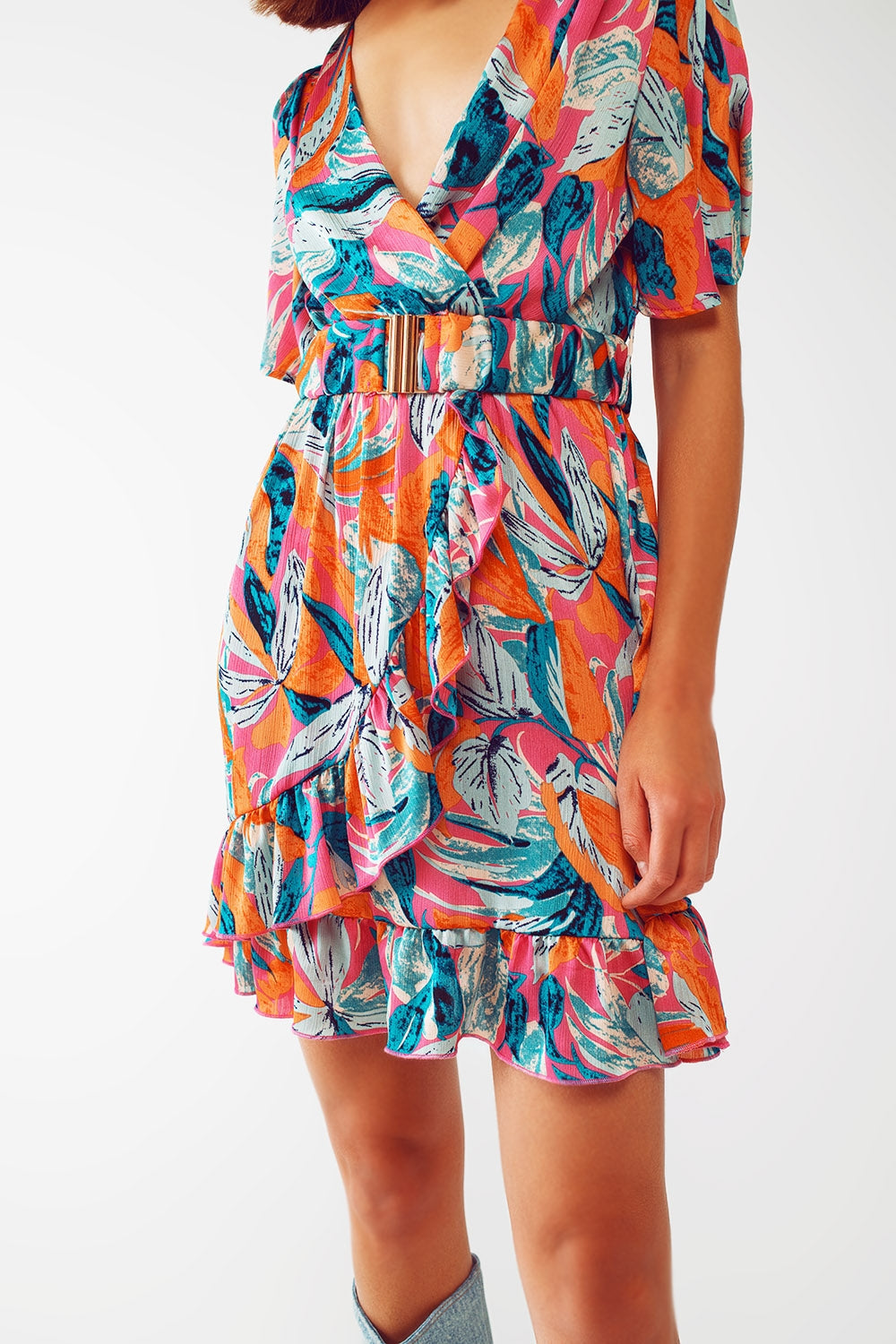Short Belted Wrap Dress With Floral Print in Orange