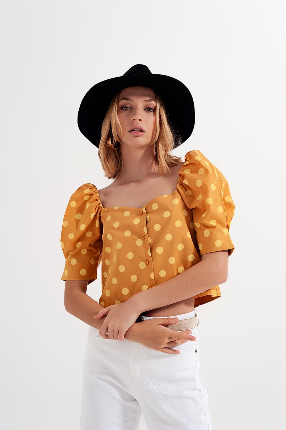 Polka Dot Top With Puffed Sleeves and Square Neckline in Yellow