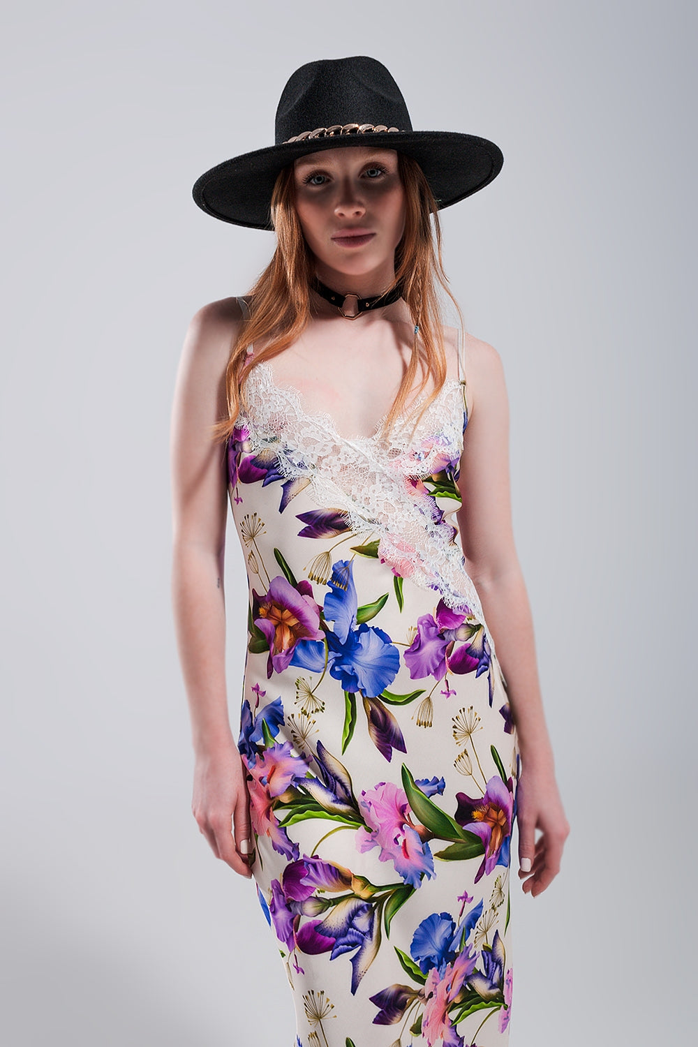 V Back Satin Midi Dress in Beige Clashing Floral Print