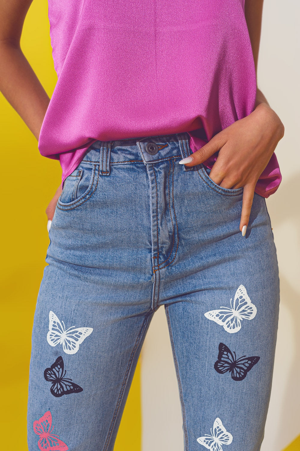 Butterfly Detail Skinny Jeans in Light Blue Wash