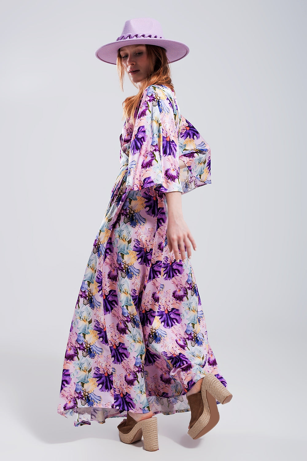 Flutter Sleeve Maxi Dress in Purple Floral Print