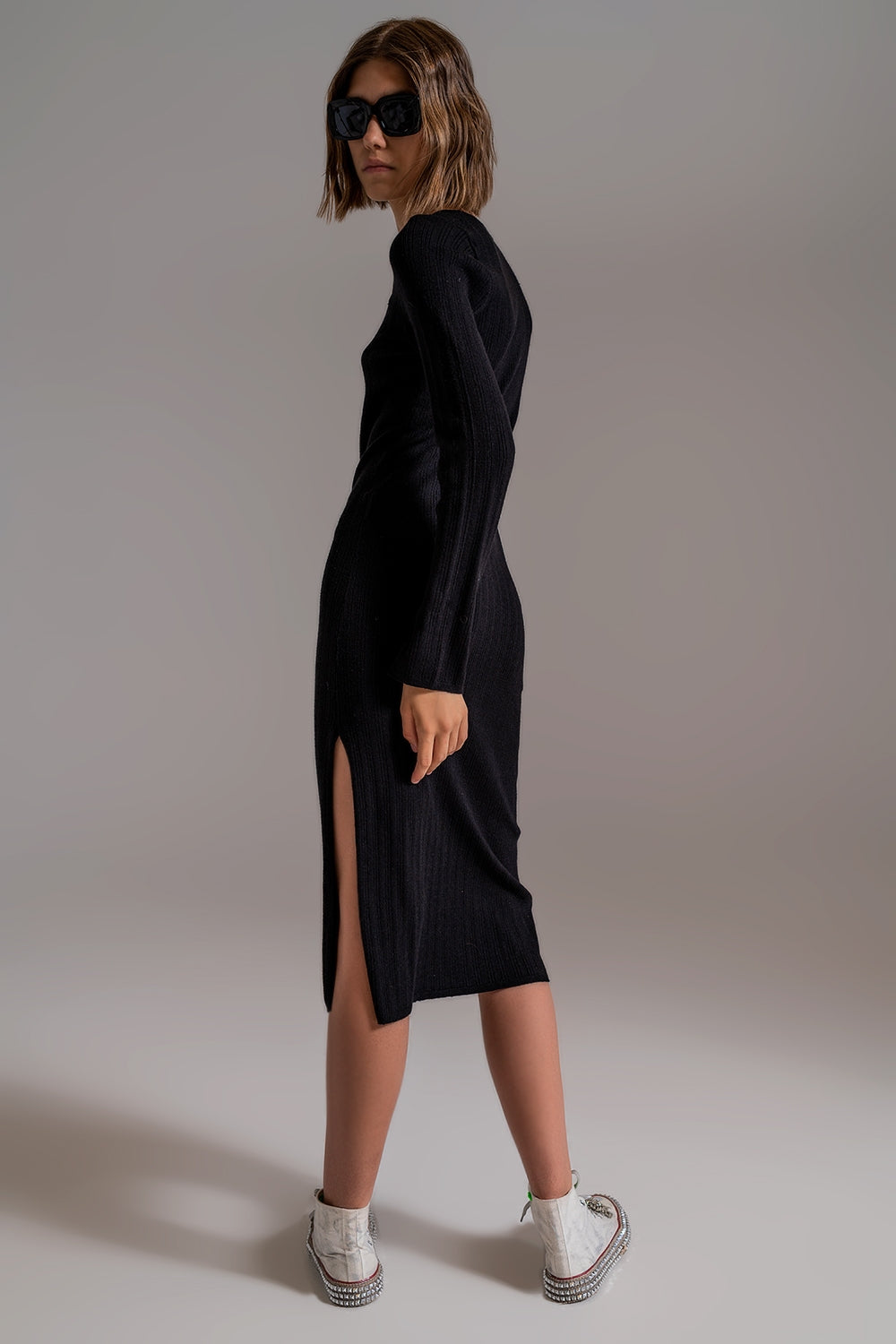 Midi Knit Dress With Square Neckline in Black