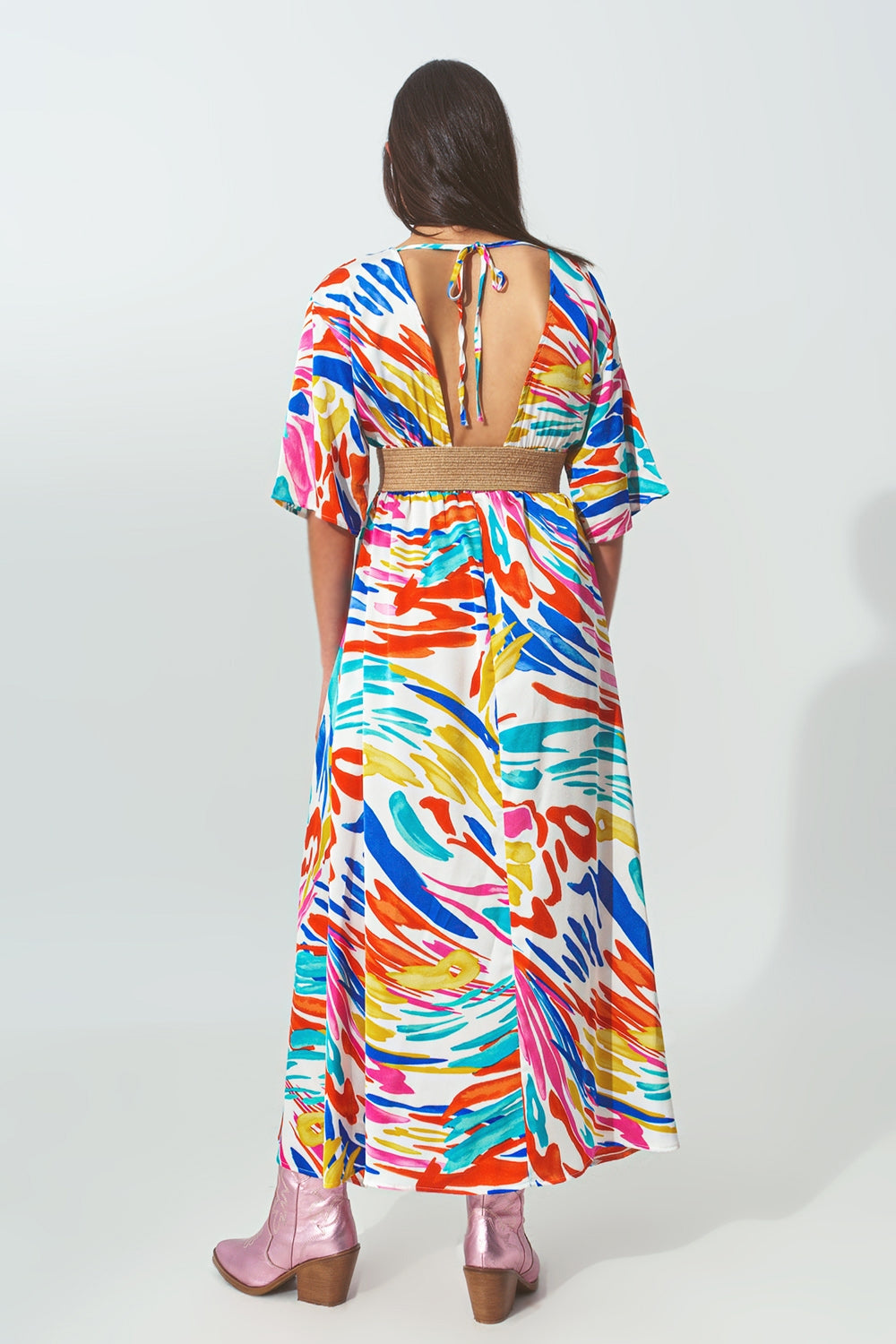 V Neck Maxi Dress With Multicolor Print