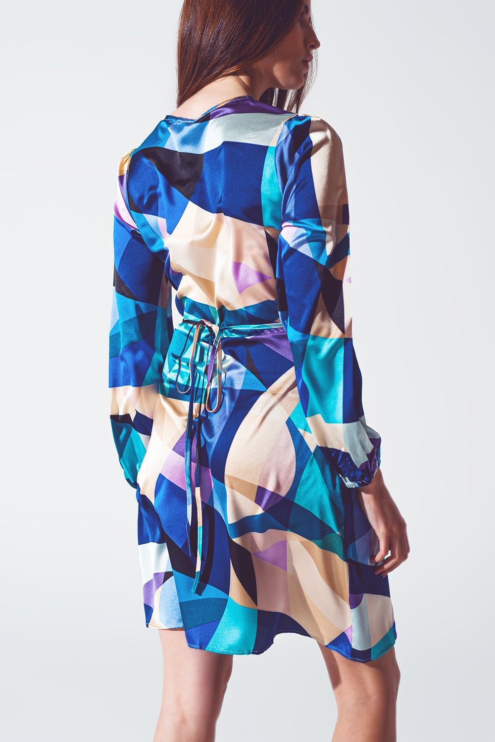 Wrap Short Abstract Print Dress in Blue