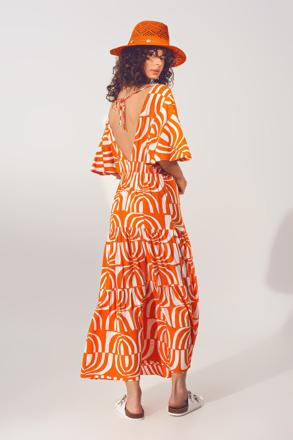 V Neck Midi Dress With Print in Orange