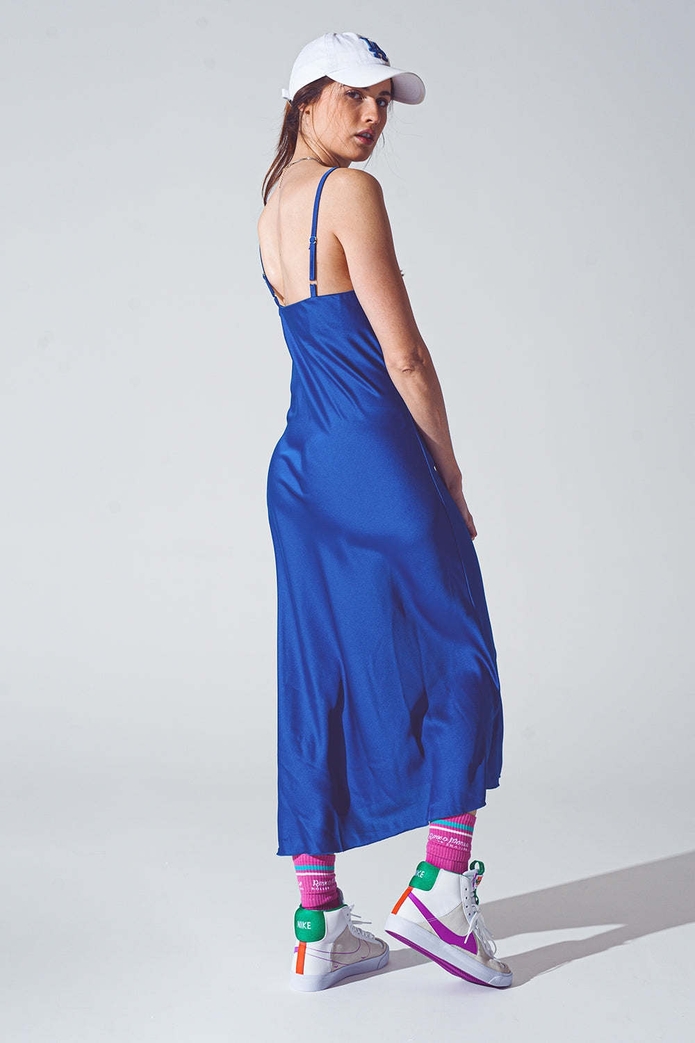 Satin Dress With Waterfall Neckline in Blue