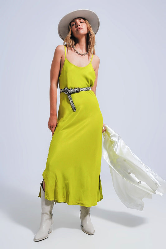 Satin Cami Strap Midi Slip Dress in Green