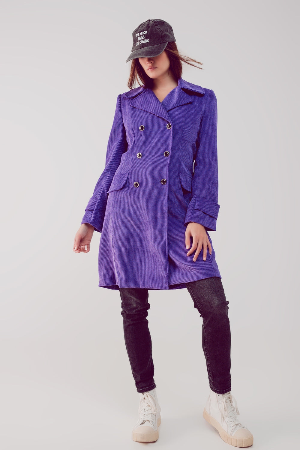Longline Blazer With Vintage Buttons in Purple Cord