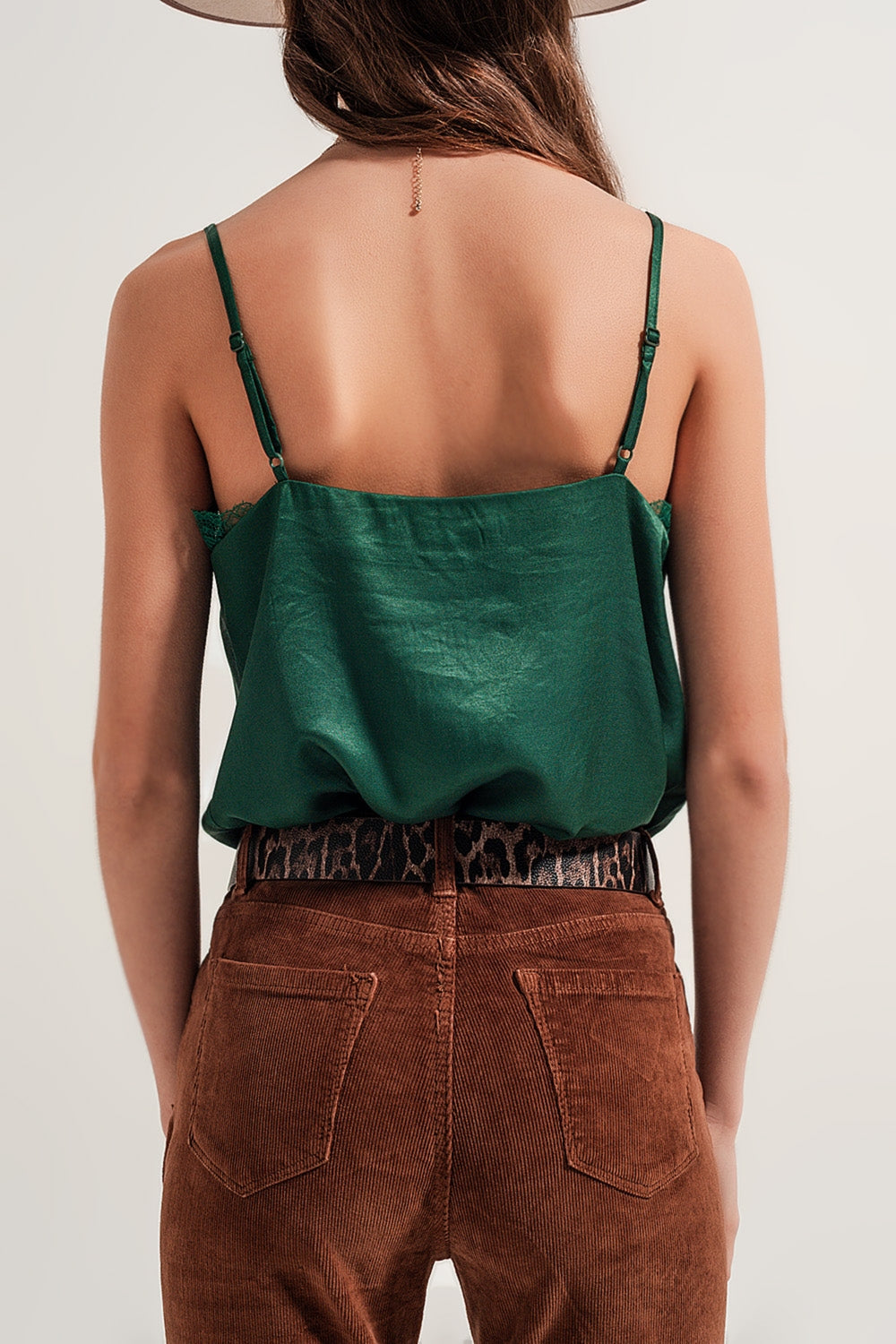 Lace Insert Satin Cami Top in Green