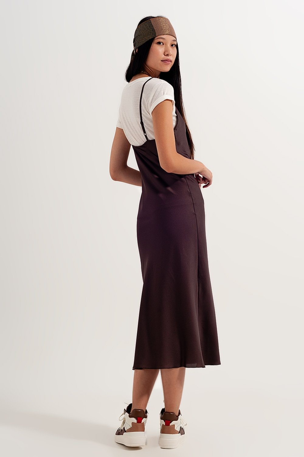 Satin Cami Strap Mini Dress in Brown