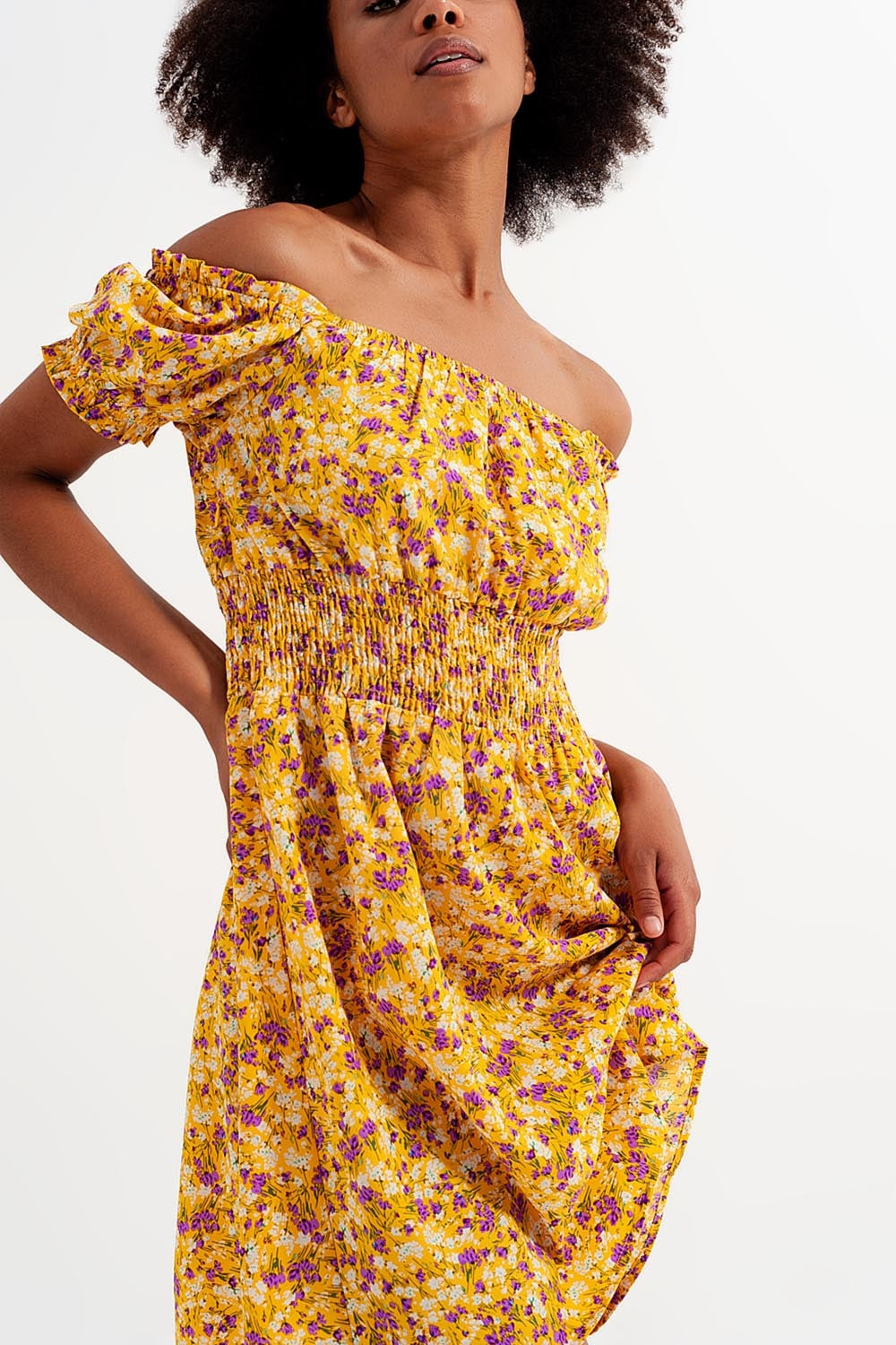 Mini Dress With Shirred Detail in Yellow Ditsy Floral Print