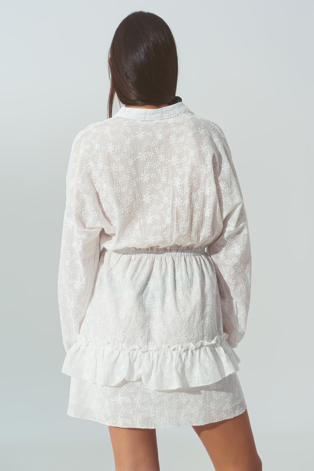 Broderie Mini Dress With Ruffles in White