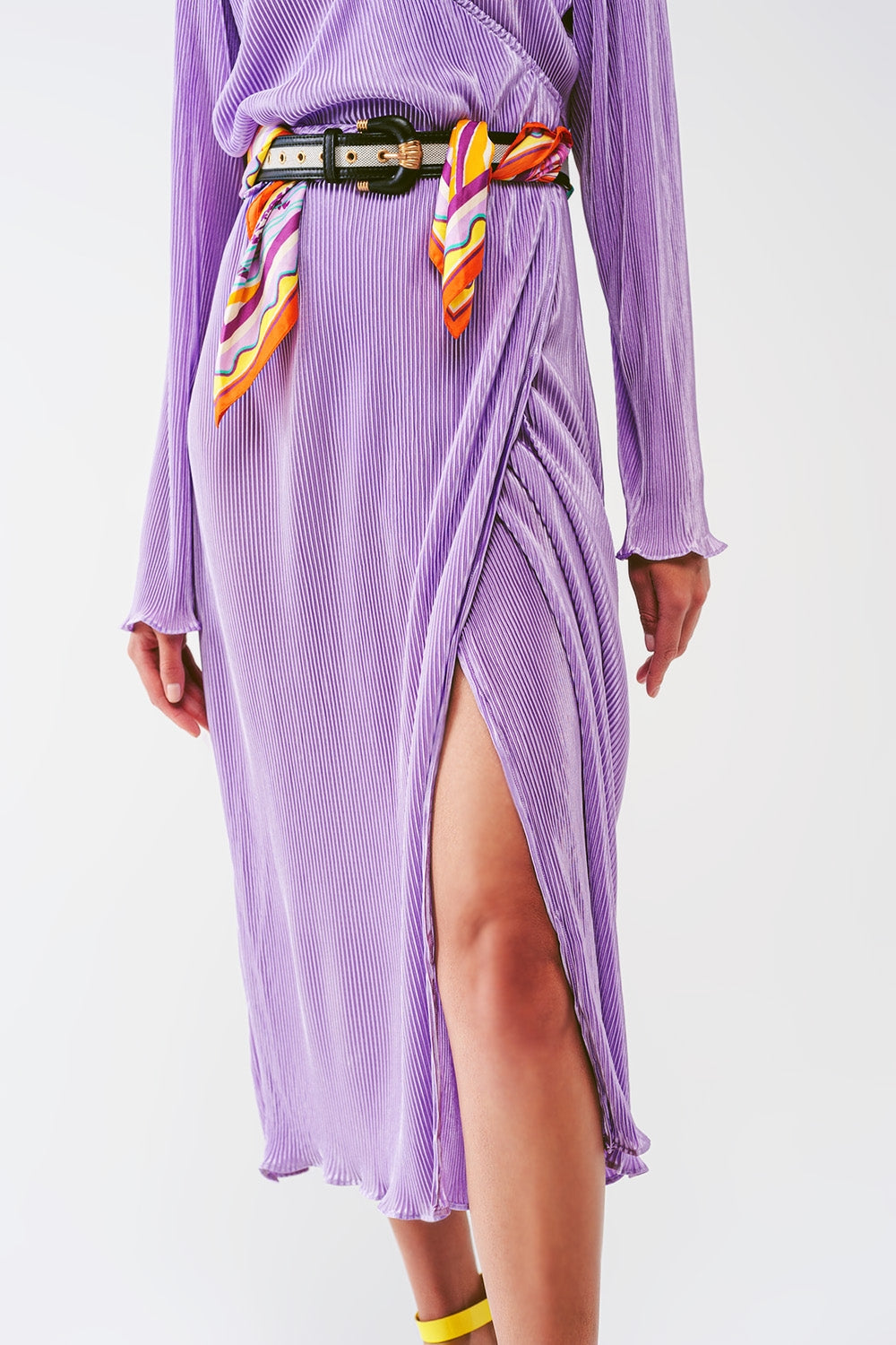 Satin Wrap Detail Pleated Dress in Lilac