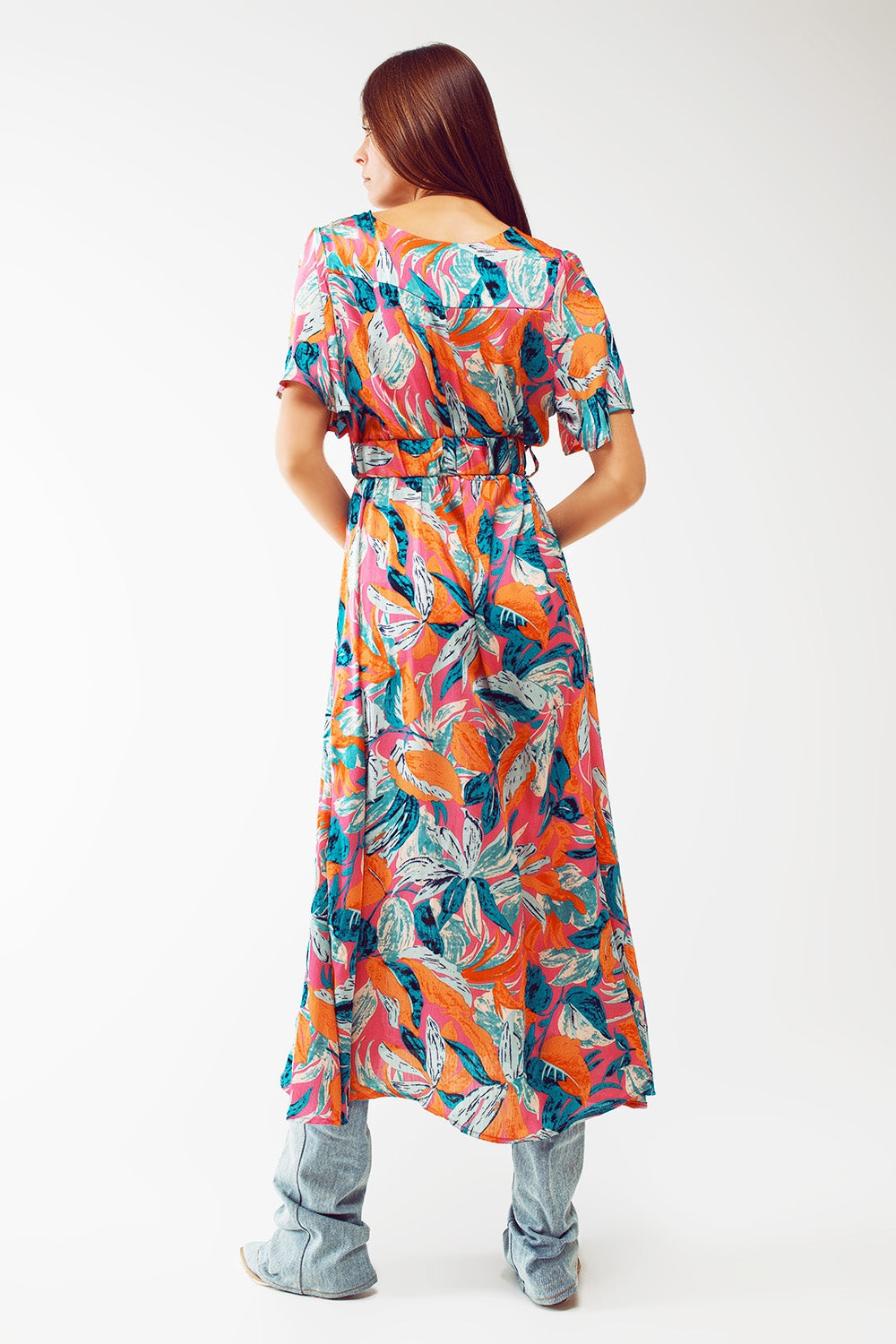 Wrap Maxi Belted Dress With Floral Print in Orange