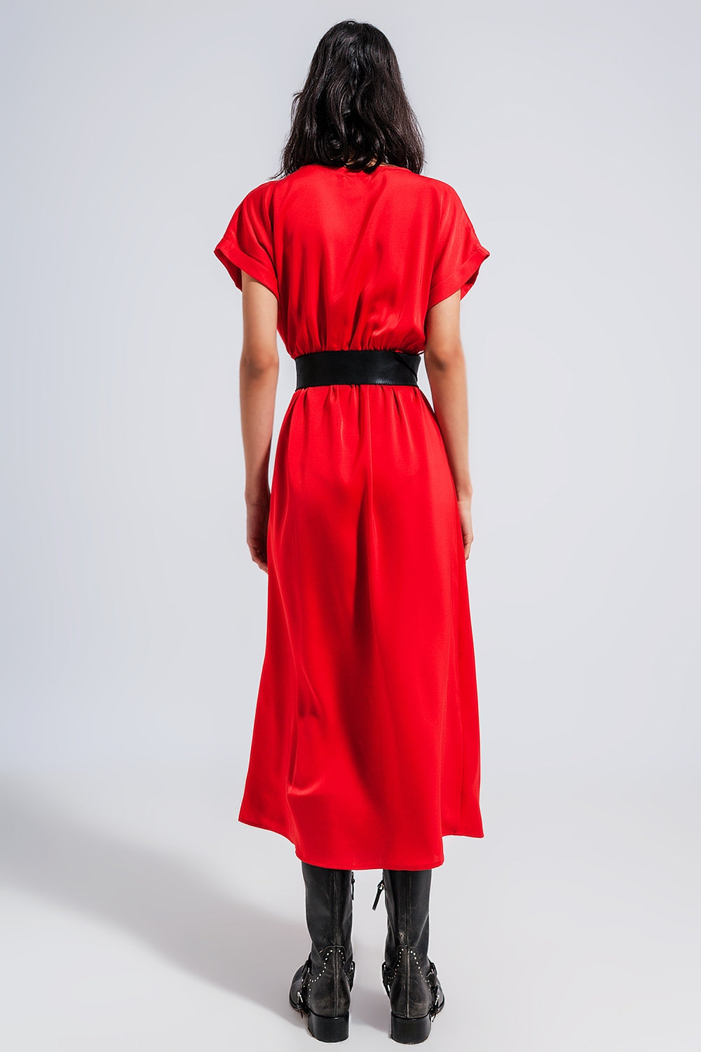 Short Sleeve Satin Maxi Dress in Red