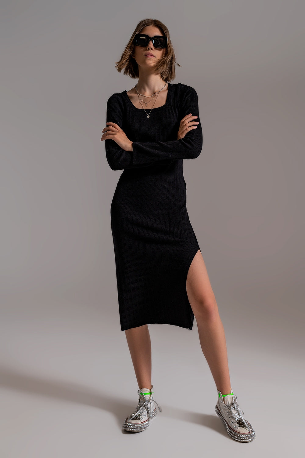 Midi Knit Dress With Square Neckline in Black