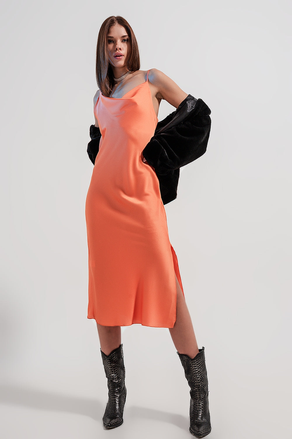 Cami Midi Slip Dress in High Shine Satin in Orange