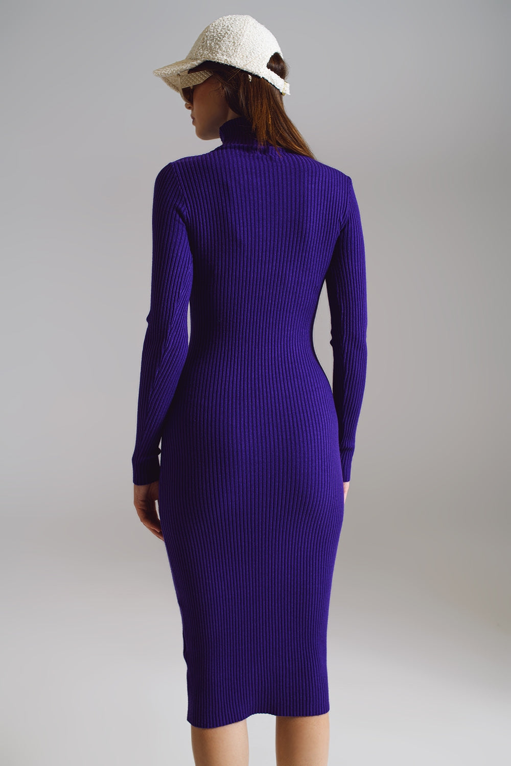 Midi Bodycon Knitted Dress With Turtle Neck in Purple