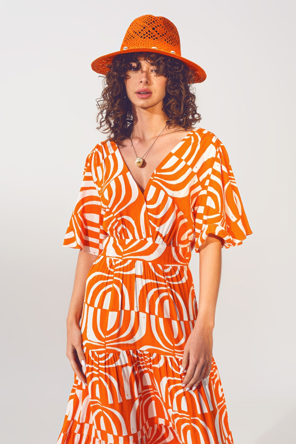 V Neck Midi Dress With Print in Orange