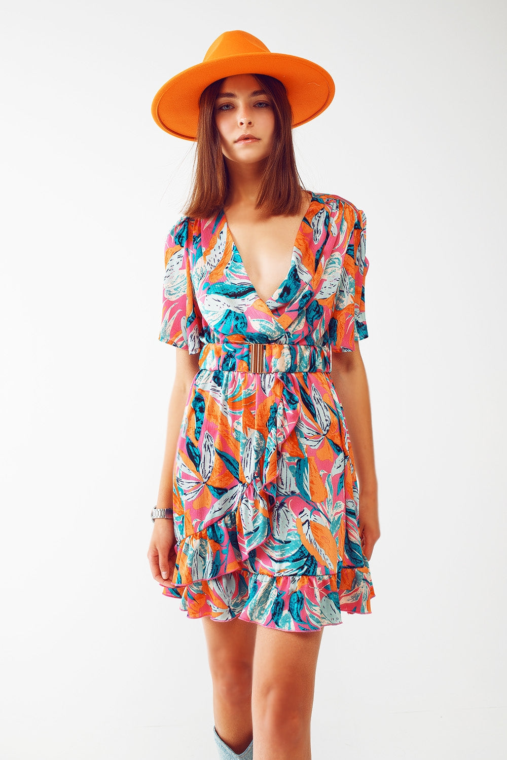 Short Belted Wrap Dress With Floral Print in Orange