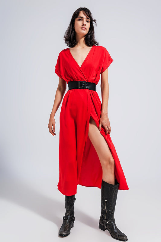 Short Sleeve Satin Maxi Dress in Red