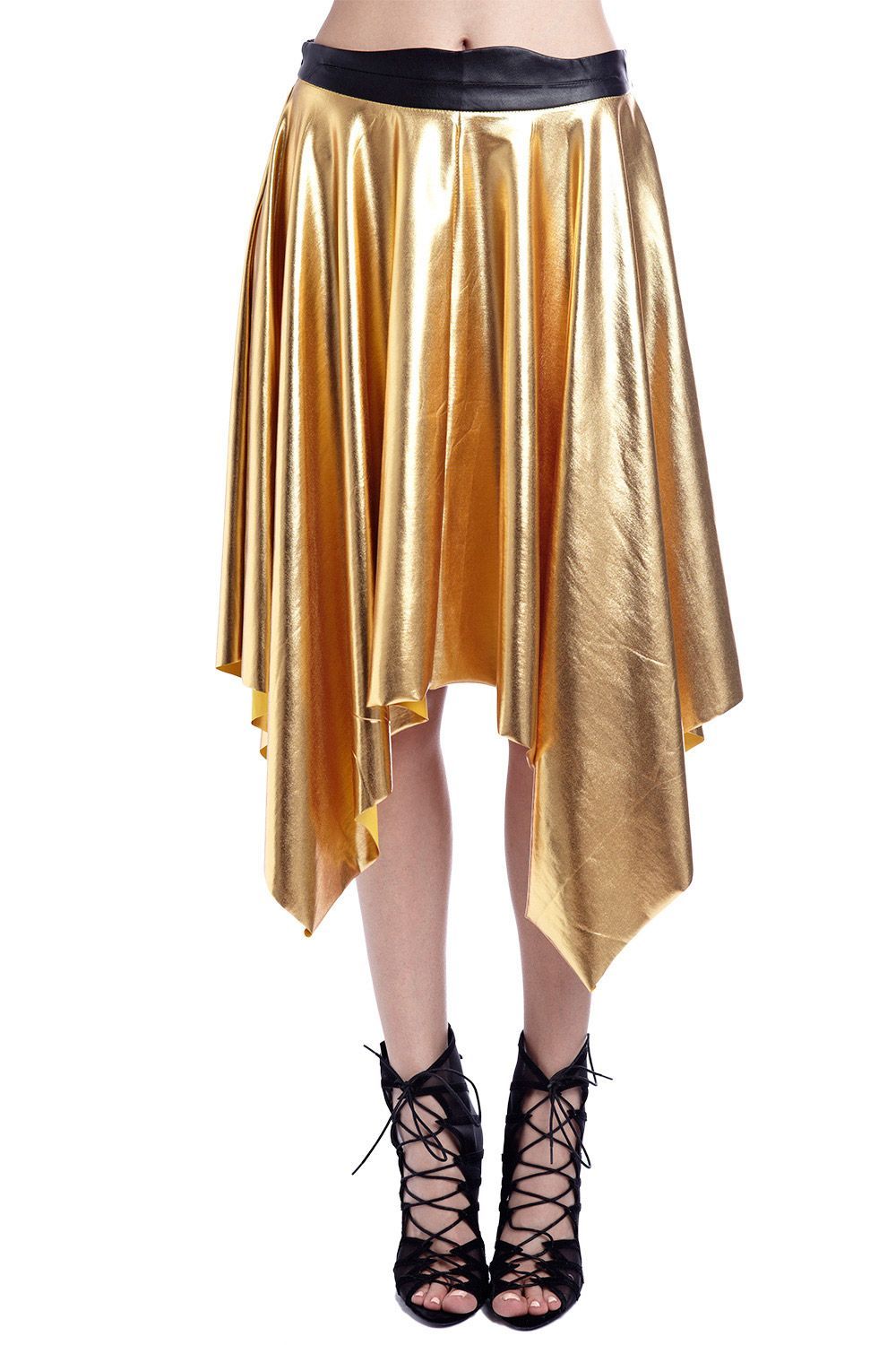Golden Pleated Midi Skirt in Metallic